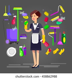 Poster design for cleaning service and supplies. Vector detailed character professional housekeeper. Cleaning kit icons