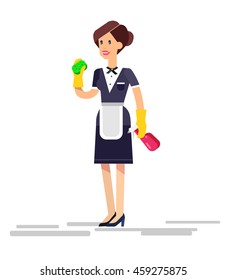 Poster design for cleaning service and supplies. Vector detailed character professional housekeeper