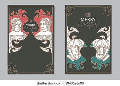 Ideas de la colección de diseño de afiches: Feliz Navidad, el conjunto de plantillas de contorno clásico con carácter simétrico como princesa y príncipe a ambos lados, dejar espacio en blanco puede llenar cualquier contenido.
