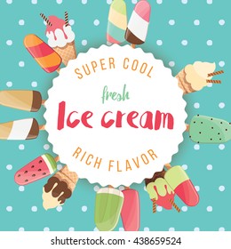 Poster design with colorful glossy ice cream, vector illustration