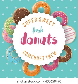 Poster design with colorful glossy tasty donuts, vector illustration