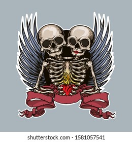 Poster design. Colorful handcrafted vector illustration in engraving technique of two headed skeleton with sacred heart in his hands, ribbon and wings on background. Good for stickers, t-shirts.  