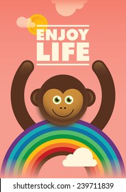 Poster design with comic monkey. Vector illustration.
