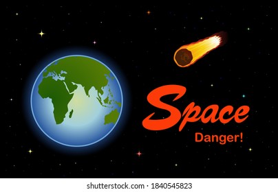 Poster design concept illustration Space Danger! on a black background. A huge asteroid is approaching the Earth.