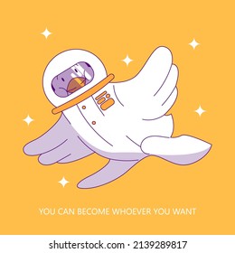 Poster design with the concept of psychology, developing the inner self and becoming who you want to be. An image of a duck that became an astronaut.