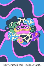 Poster design. Contemporary vibrant vector illustration with abstract patterned planets on wavy background. Groovy galactic. Cartoon space. Playful, surreal, and colorful style. Notebook cover