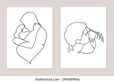 Poster design with continuous line woman and man face drawing.Continued line kissing couple.Stock Vector backgound design.