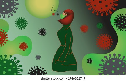 Poster design with a coronavirus background and a picture of a girl wearing a mask. Coronavirus mutation, Covid 19. Protect yourself, get vaccinated. Flat style vector illustration.