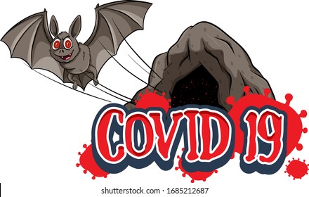 Poster design for coronavirus theme with bat flying out of the cave illustration