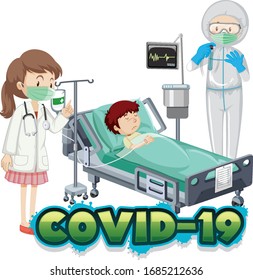Poster design for coronavirus theme with sick boy in hospital bed illustration