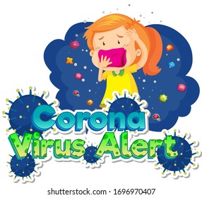 Poster design for coronavirus theme with sick girl and virus cells illustration
