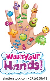 Diseño de afiches para el tema del coronavirus con células de virus en la ilustración de la mano humana