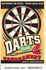 Poster design for darts tournament event with dartboard and arrow. Retro leisure flyer advertisement. Promo vector design competition layout.