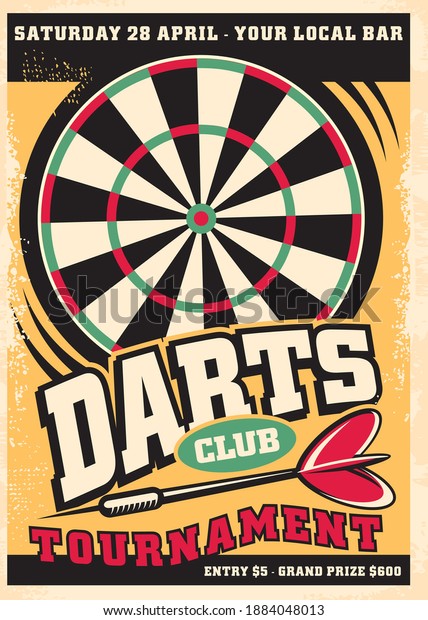 Poster design for darts tournament event with\
dartboard and arrow. Retro leisure flyer advertisement. Promo\
vector design competition\
layout.