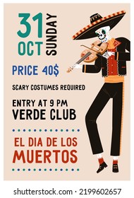 Poster design for Day of Dead, El Dia de los Muertos party. Mexican Death holiday flyer, inviting card, vertical ads banner template with scary happy skeleton. Colored flat vector illustration