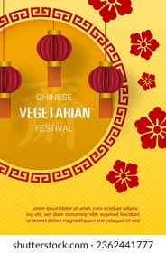 Diseño de afiches y decoración del festival vegetariano chino en estilo de corte de papel. Las letras chinas significan "Ayuno" para adorar al Buda en inglés.