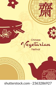 Diseño de afiches y decoración del festival vegetariano chino en estilo plano. Las letras chinas significan "Ayuno" para adorar al Buda en inglés.