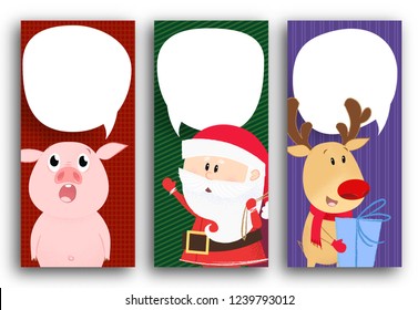 Poster design with deer, piglet and Santa. Cartoon characters of deer, Santa Claus and piglet with white speech bubbles for text. Can be used for postcards, invitations, greeting cards
