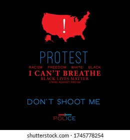 Poster design with demonstration, revolution, protest, racism, black and white skinned people, discrimination, freedom, hit me. Red and blue colored writings and usa map silhouette on black background