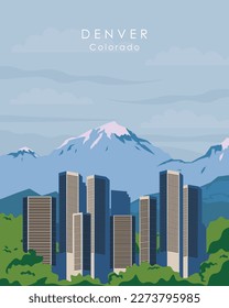 Poster design for Denver, Colorado, USA. City center, business center, mountains, park. Modern design