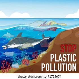 Diseño de afiches con delfín y basura en la ilustración del océano