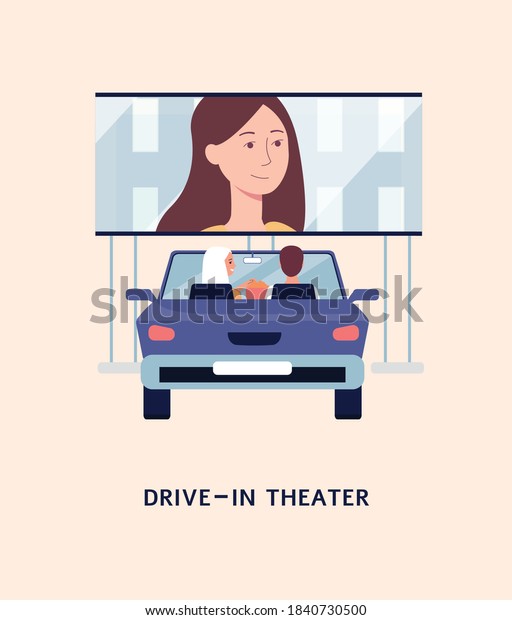Poster design for drive-in theater\
with people watching movie from car, flat vector illustration.\
Drive-in or open-air cinema advertising banner\
background.