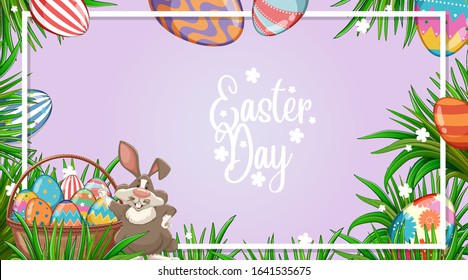 Poster design for easter with easter bunny and painted eggs in garden illustration