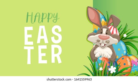Poster design for easter with bunny and painted eggs illustration