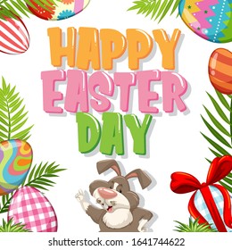 Poster design for easter with bunny and painted eggs illustration