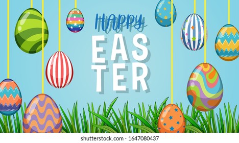 Poster design for easter with painted eggs in the garden illustration