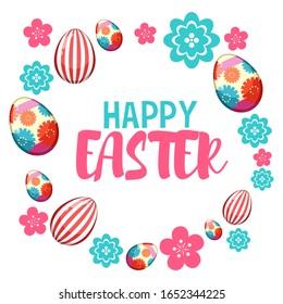 Poster design for easter with painted eggs and flowers illustration