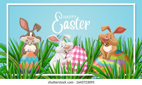 Poster design for easter with three bunnies and eggs in garden illustration