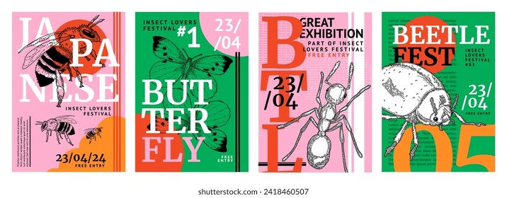 Poster design. Entomology exhibition. Bee and butterfly. Creative art collage. Abstract book cover. Ant and beetle sketch. Geometric hipster graphic pattern. Invitation template. Vector banners set