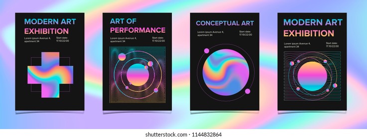 Poster for design event, art exhibition, music event. Invitation cards with holographic elements (cross, cirle, sphere). Vaporwave/ synthwave/ retrowave style.