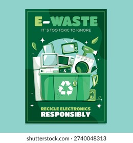 Poster design featuring recycling bins electronic appliances and environmental message about responsible disposal in flat illustration