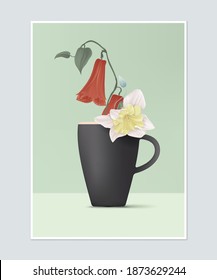 Poster design, flower arrangement in dark grey ceramic coffee cup