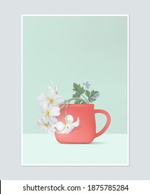 Poster design, flower arrangement in red ceramic coffee cup