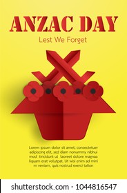 Poster Design with flower and hat for Anzac Day on 25 April. Paper craft design on yellow background with copy space.