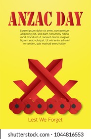 Poster Design with flower and hat for Anzac Day on 25 April. Paper craft design on yellow background with copy space.