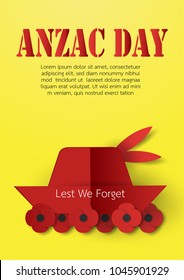 Poster Design with flower and hat for Anzac Day on 25 April. Paper craft design on yellow background with copy space.