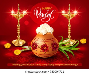 Poster design with gold diyas, traditional pot and rangoli for Indian harvest festival Pongal (Makar Sankranti). Vector illustration.