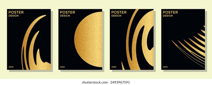 Poster design with golden figures set. Black premium posters set with luxury golden geometric elements. Textured abstract poster template set