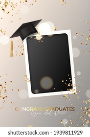 Poster for design of graduation. Blank photo frame with graduation cap, confetti and serpentine on background with effect bokeh. Congratulations graduates. Vector illustration for degree ceremony.