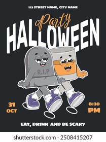 Poster design for Halloween party events in retro groovy style with cute cartoon characters. Design template in 70s-80s.