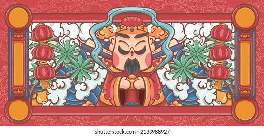 Poster design of hand drawn cartoon God of wealth

