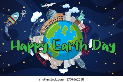 Poster design for happy earth day with buildings around the earth illustration