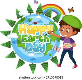 Poster design for happy earth day with boy parinting the earth illustration