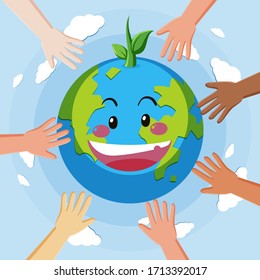 Poster design for happy earth day with hands on earth illustration