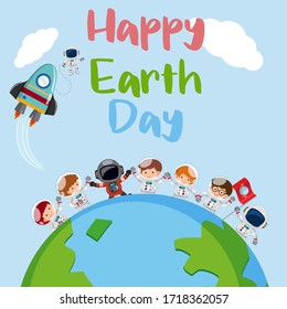 Poster design for happy earth day with many astronauts on earth illustration