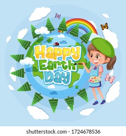 Poster design for happy earth day with happy girl painting illustration